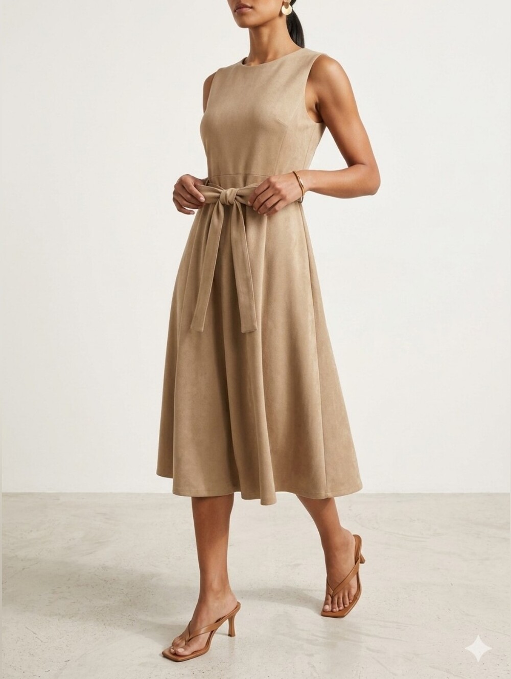 80 Calvin Klein Latte Faux Suede Sleeveless Belted Midi A-Line Dress Size 8